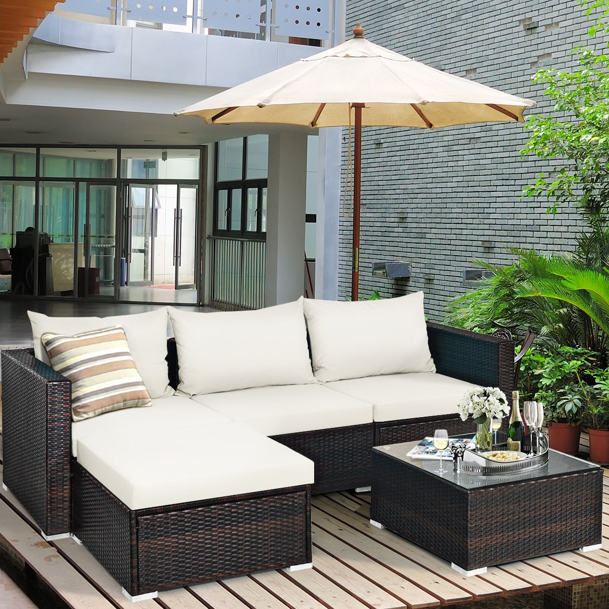 5PCS Patio Rattan Furniture Set Sectional Conversation Sofa w/ Coffee Table