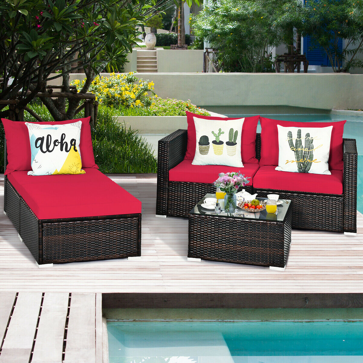 5PCS Patio Rattan Furniture Set Sectional Conversation Sofa w/ Coffee Table