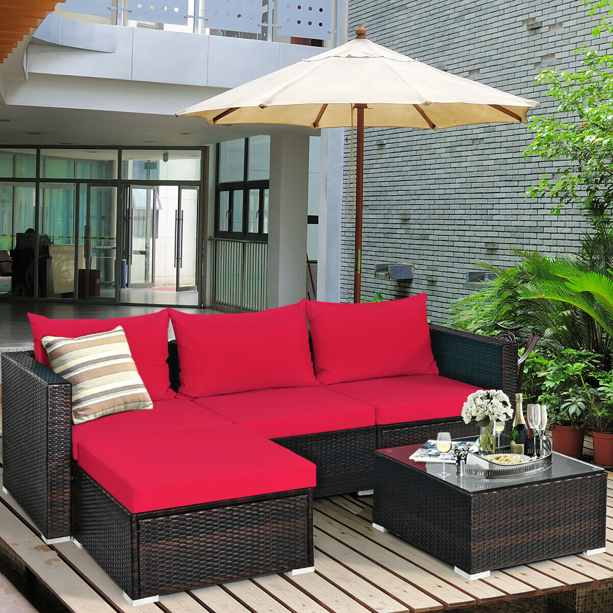 5PCS Patio Rattan Furniture Set Sectional Conversation Sofa w/ Coffee Table