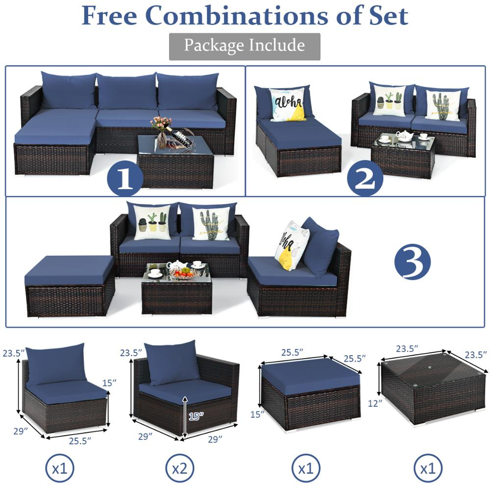5PCS Patio Rattan Furniture Set Sectional Conversation Sofa w/ Coffee Table