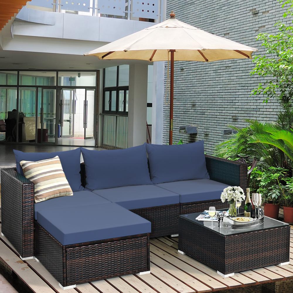 5PCS Patio Rattan Furniture Set Sectional Conversation Sofa w/ Coffee Table