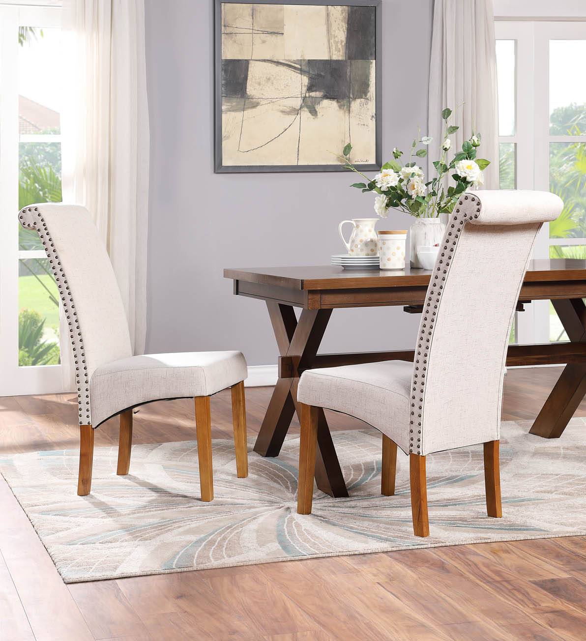 Dining Chair Set of 2 Fabric Padded Side Chair with Solid Wood Legs, Nailed Trim(Beige)