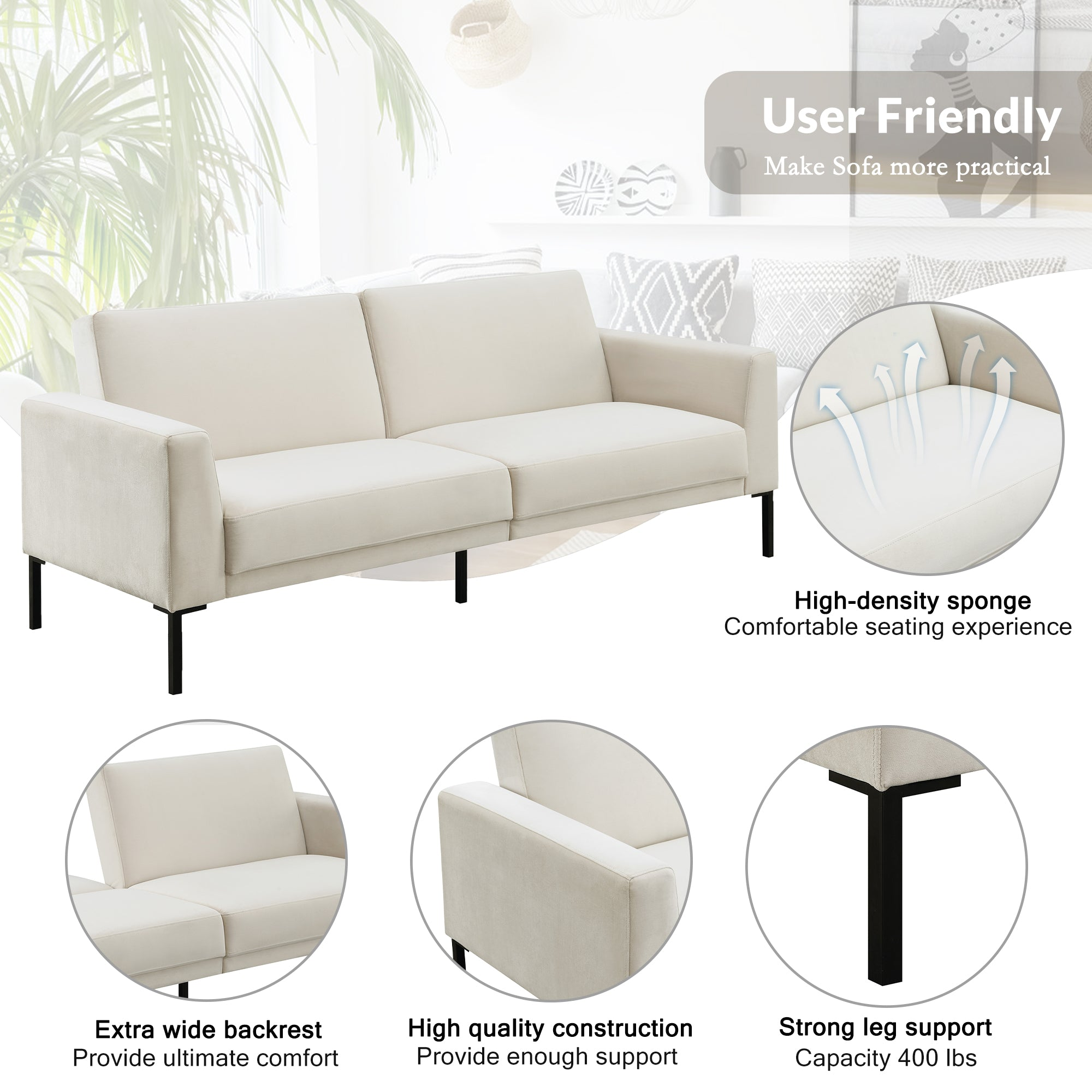 Linen upholstered, modern convertible folding sofa bed, suitable for living spaces, apartments, dormitories, Beige