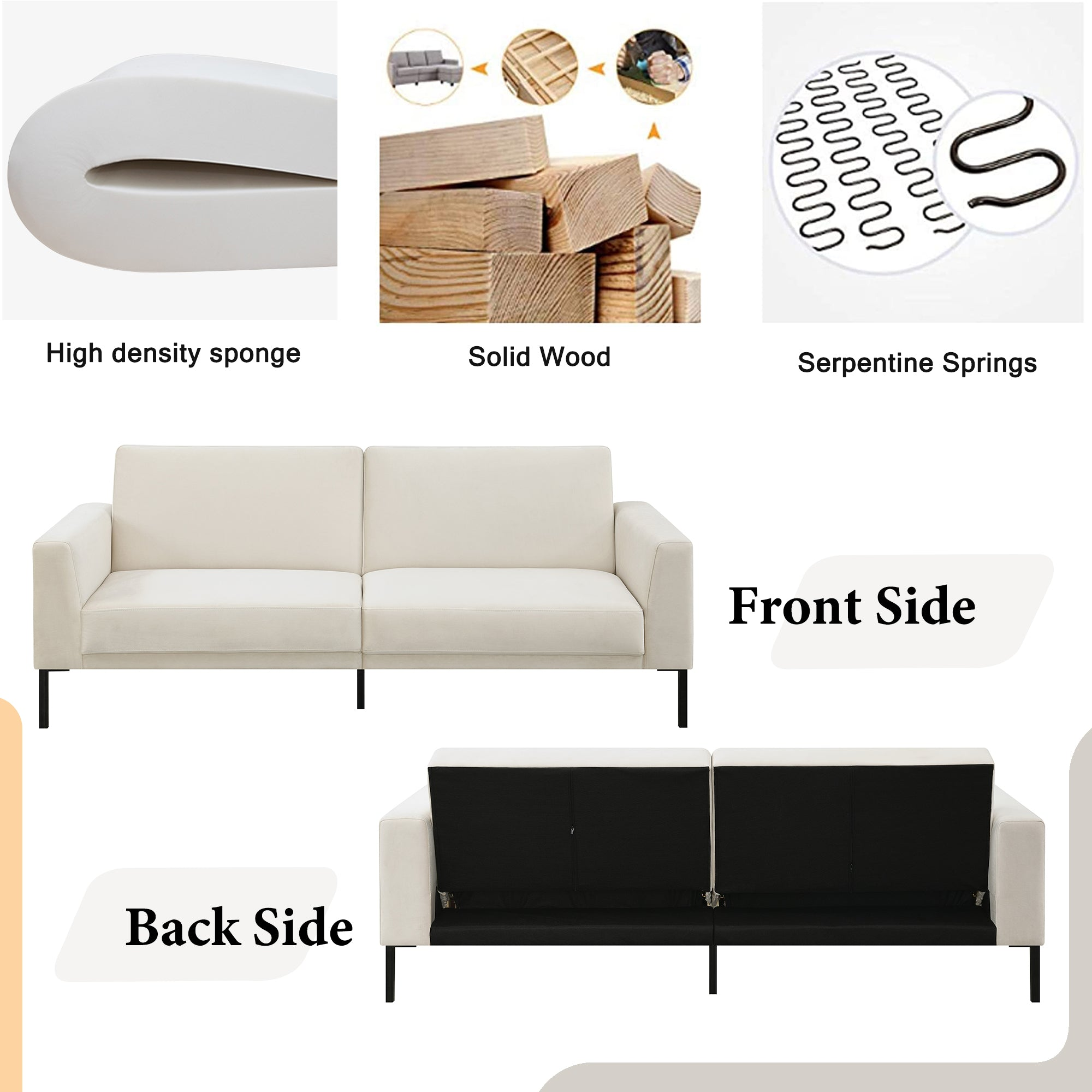 Linen upholstered, modern convertible folding sofa bed, suitable for living spaces, apartments, dormitories, Beige