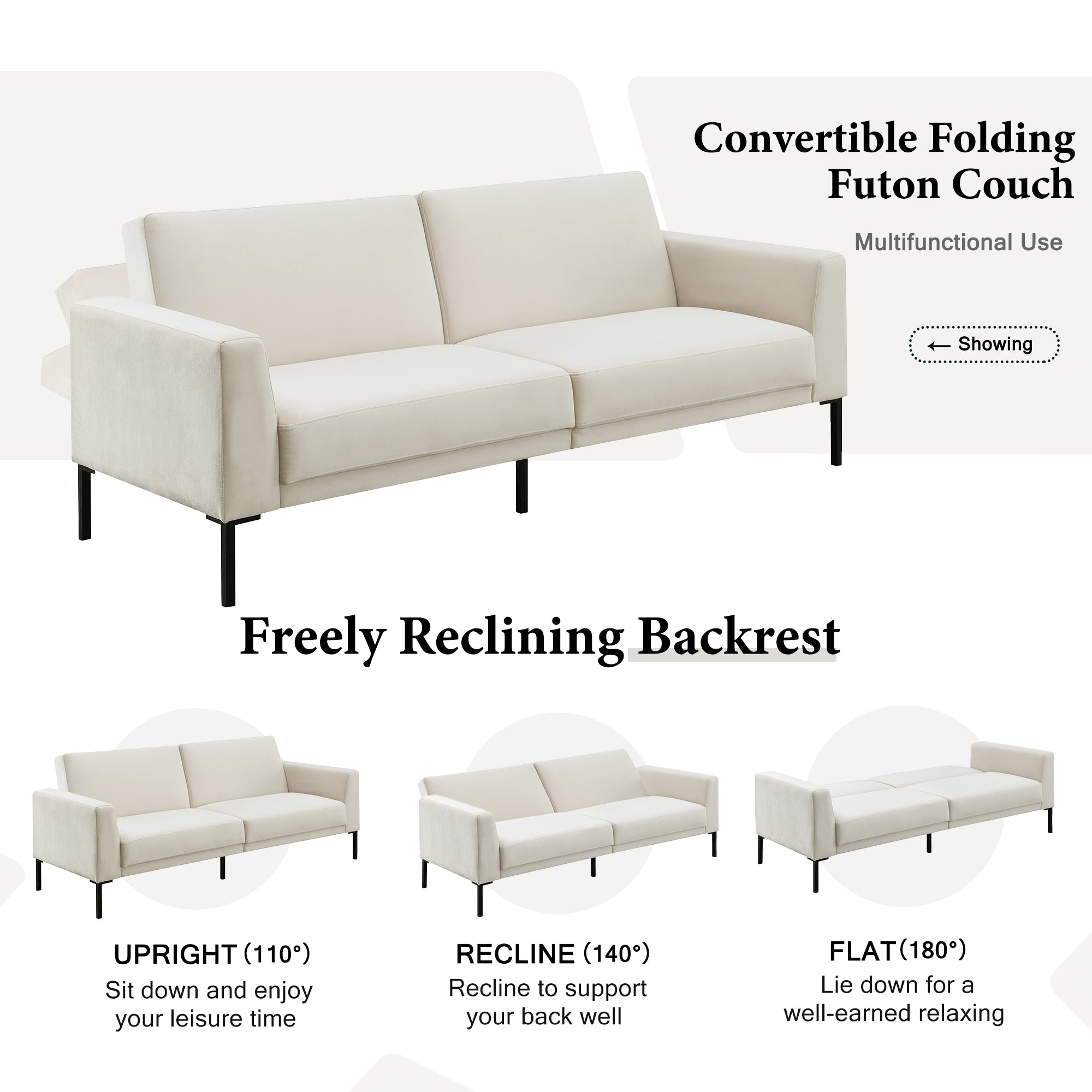 Linen upholstered, modern convertible folding sofa bed, suitable for living spaces, apartments, dormitories, Beige