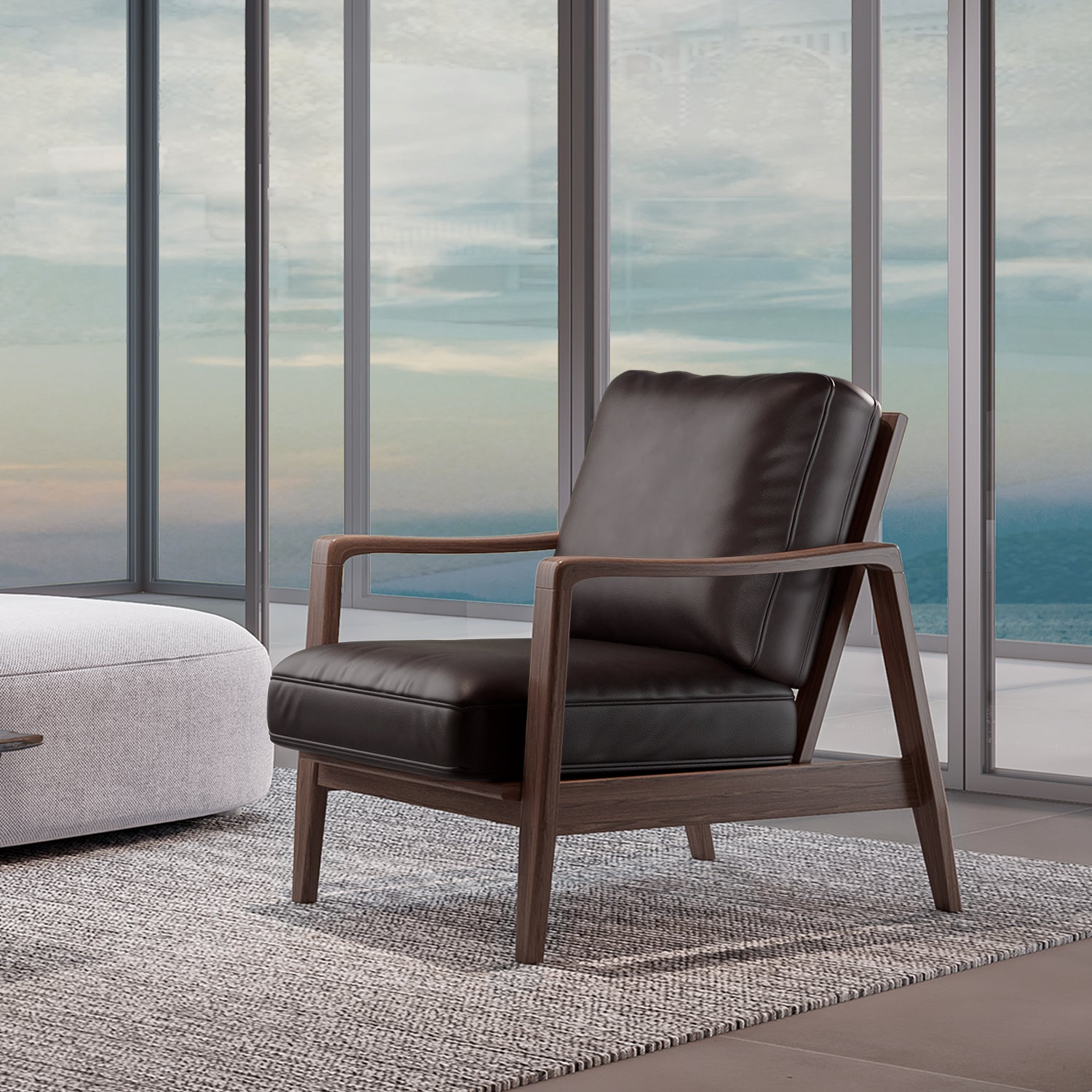 Mid-Century model Modern Easy Chairs Teak/Walnut Wooden Lounge Chair Italy Genuine Leather Leisure Armchair