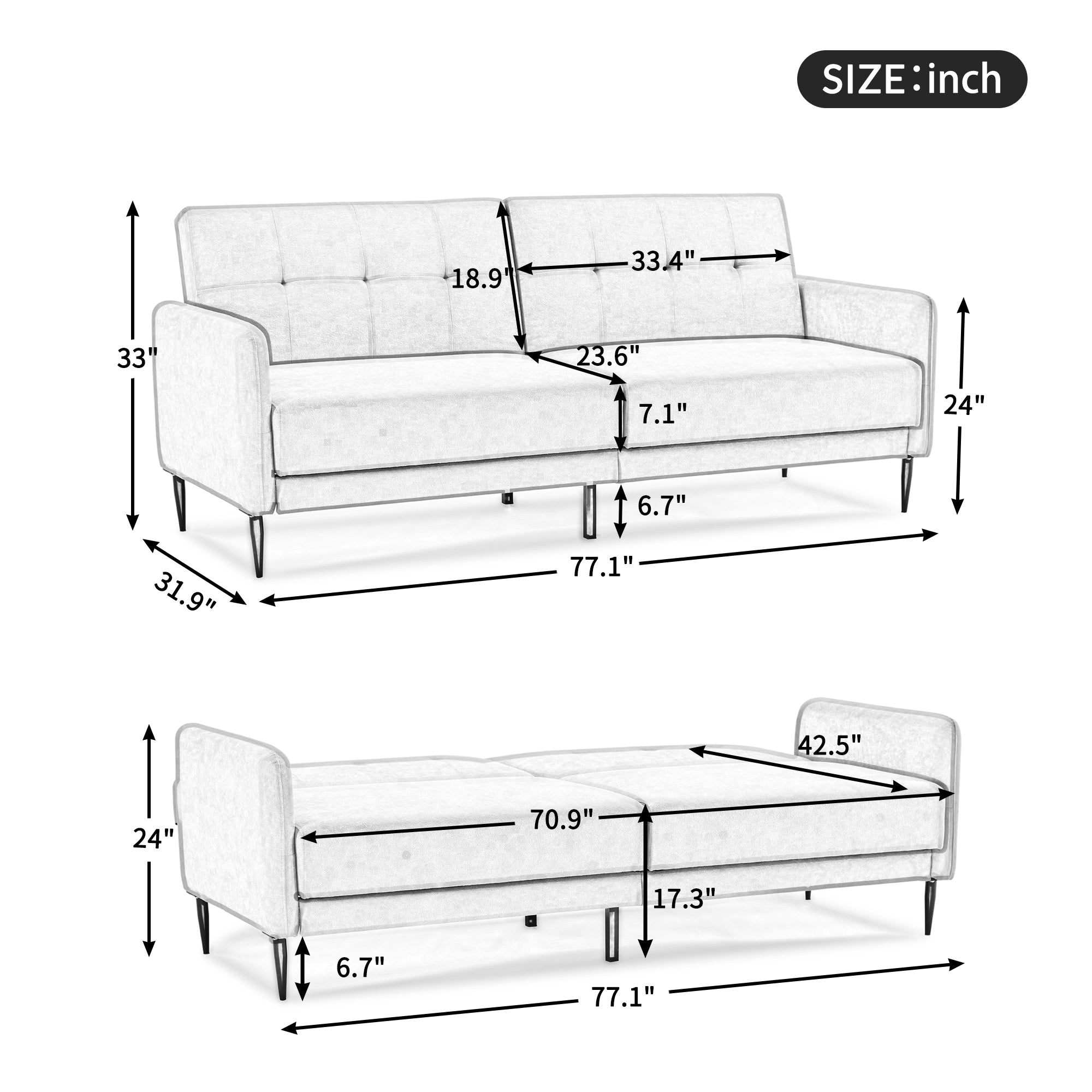 Linen upholstered, modern convertible folding sofa bed, suitable for living spaces, apartments, dormitories, Beige