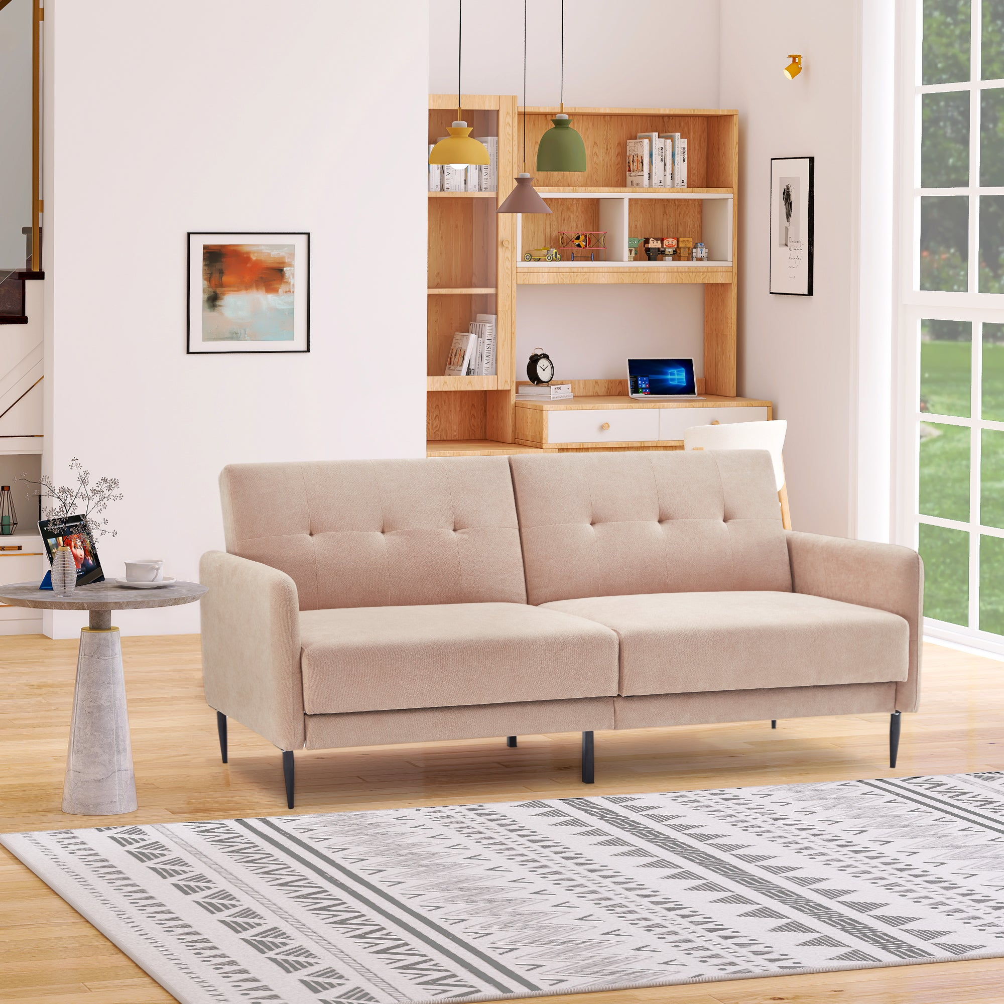 Linen upholstered, modern convertible folding sofa bed, suitable for living spaces, apartments, dormitories, Beige