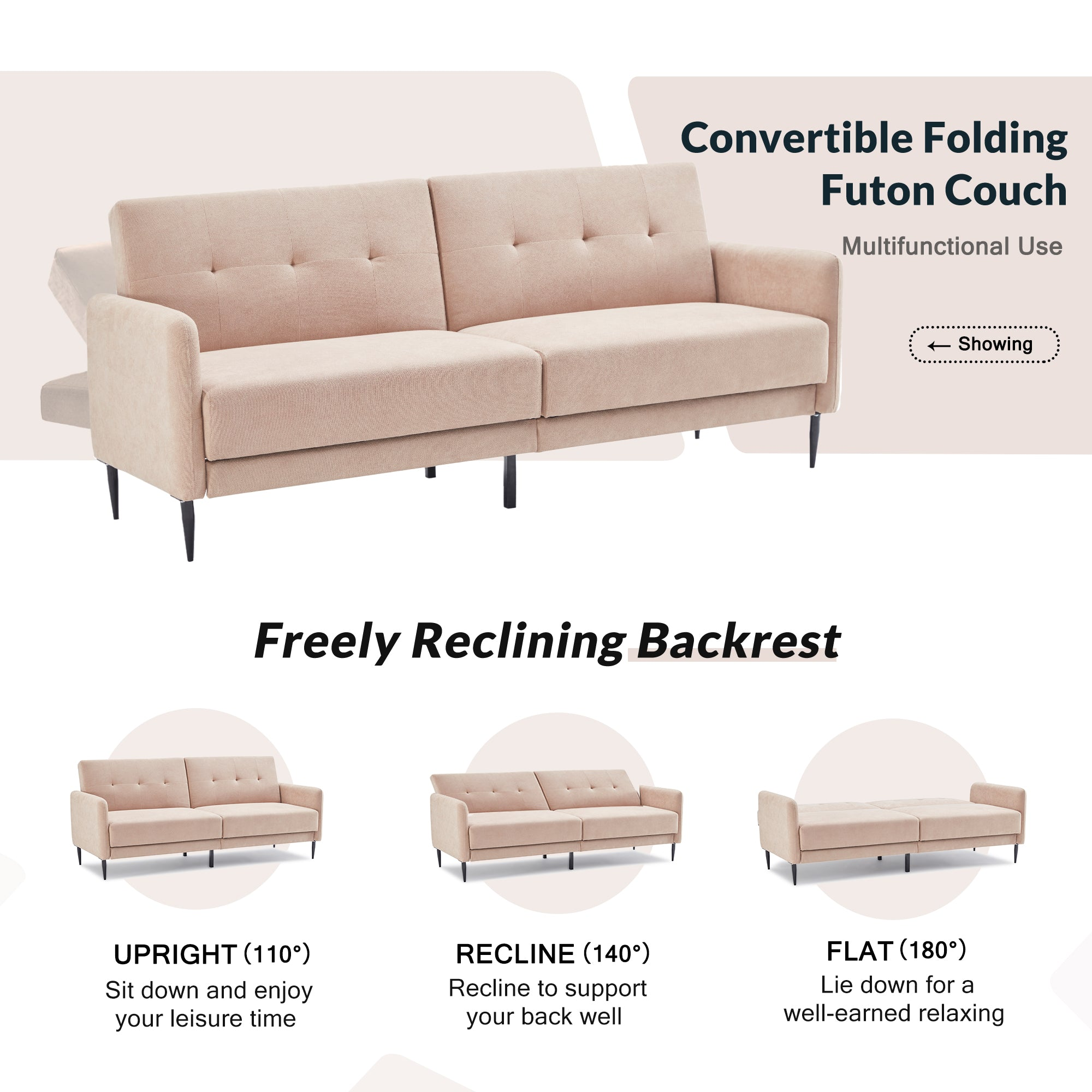 Linen upholstered, modern convertible folding sofa bed, suitable for living spaces, apartments, dormitories, Beige