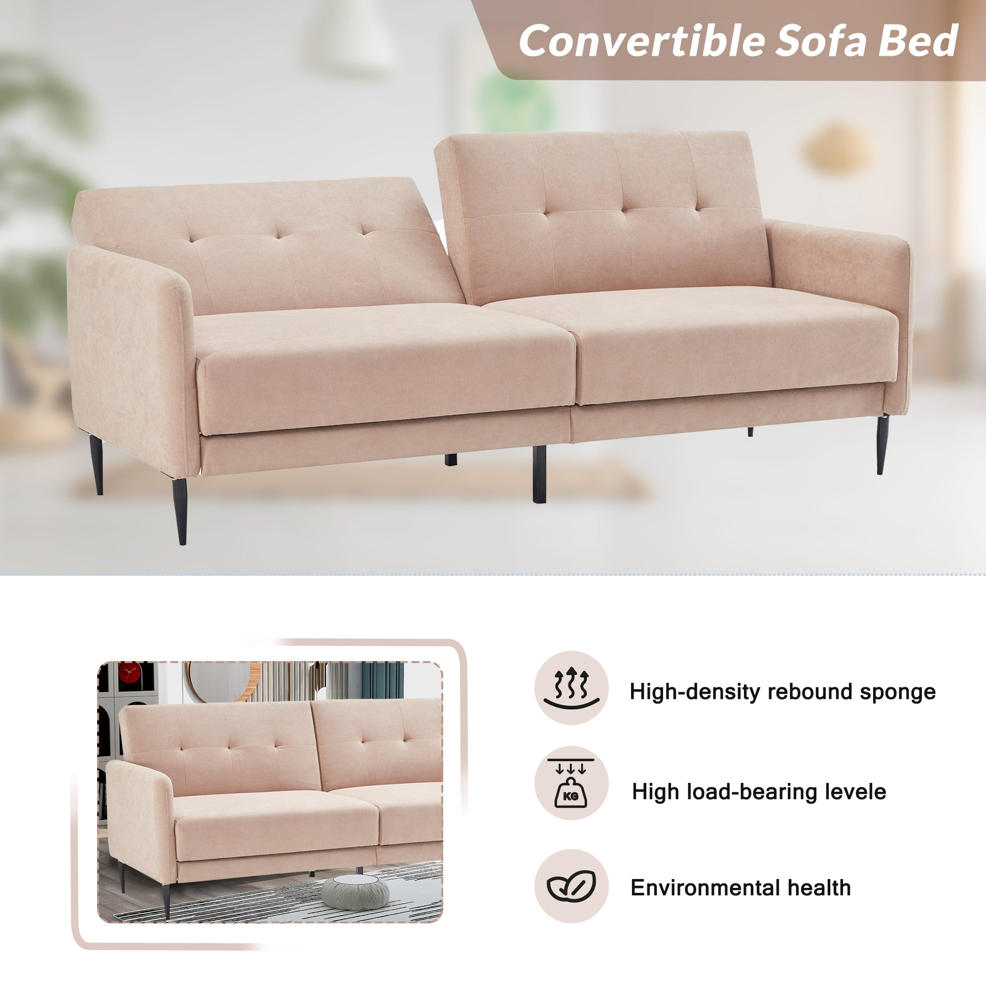 Linen upholstered, modern convertible folding sofa bed, suitable for living spaces, apartments, dormitories, Beige
