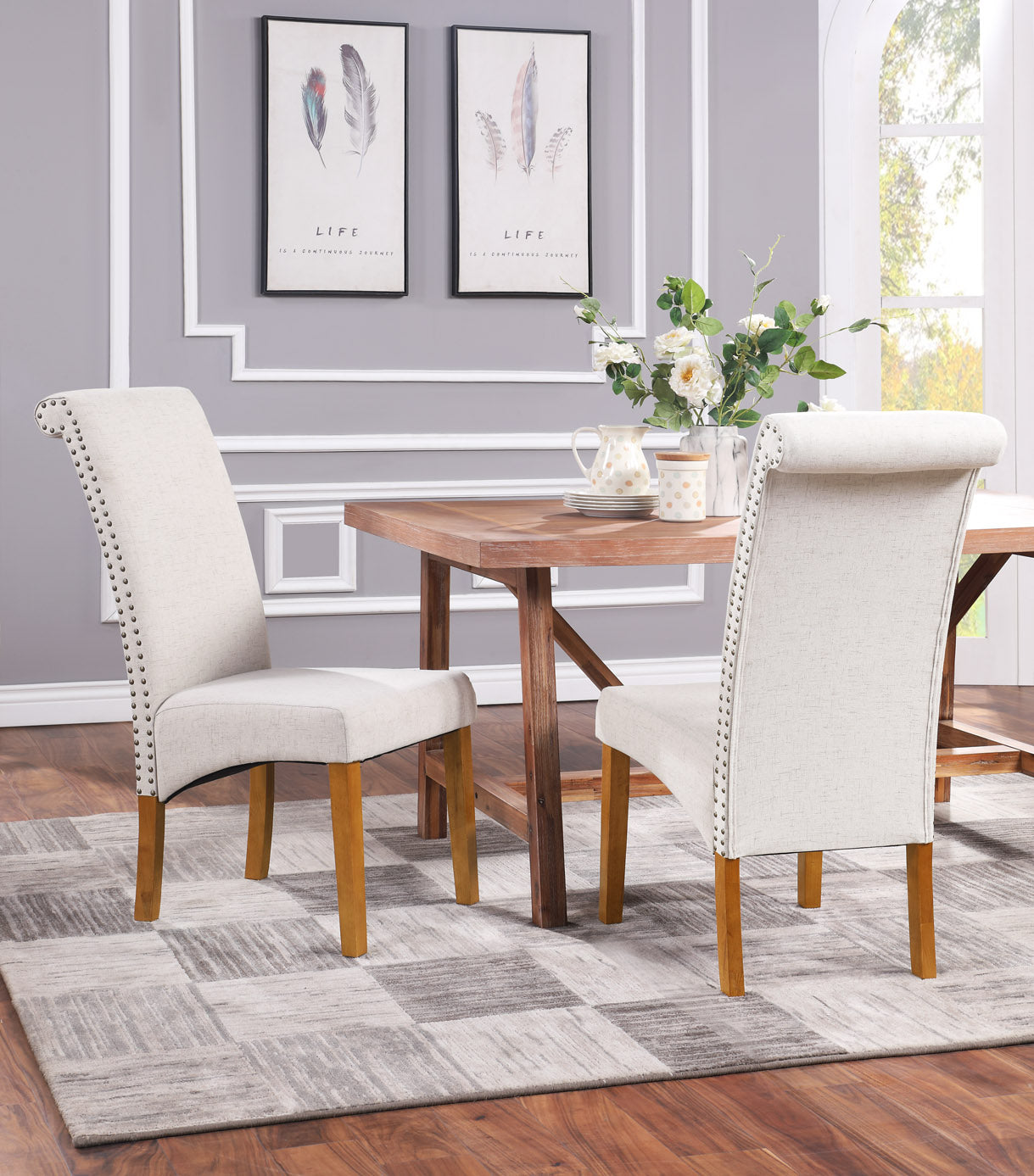 Dining Chair Set of 2 Fabric Padded Side Chair with Solid Wood Legs, Nailed Trim(Beige)