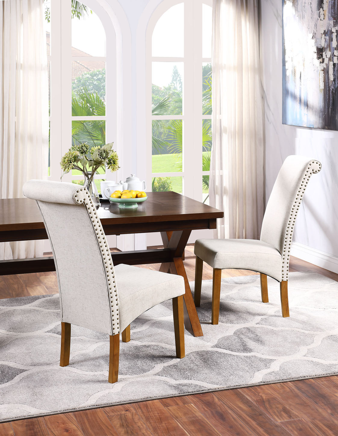 Dining Chair Set of 2 Fabric Padded Side Chair with Solid Wood Legs, Nailed Trim(Beige)
