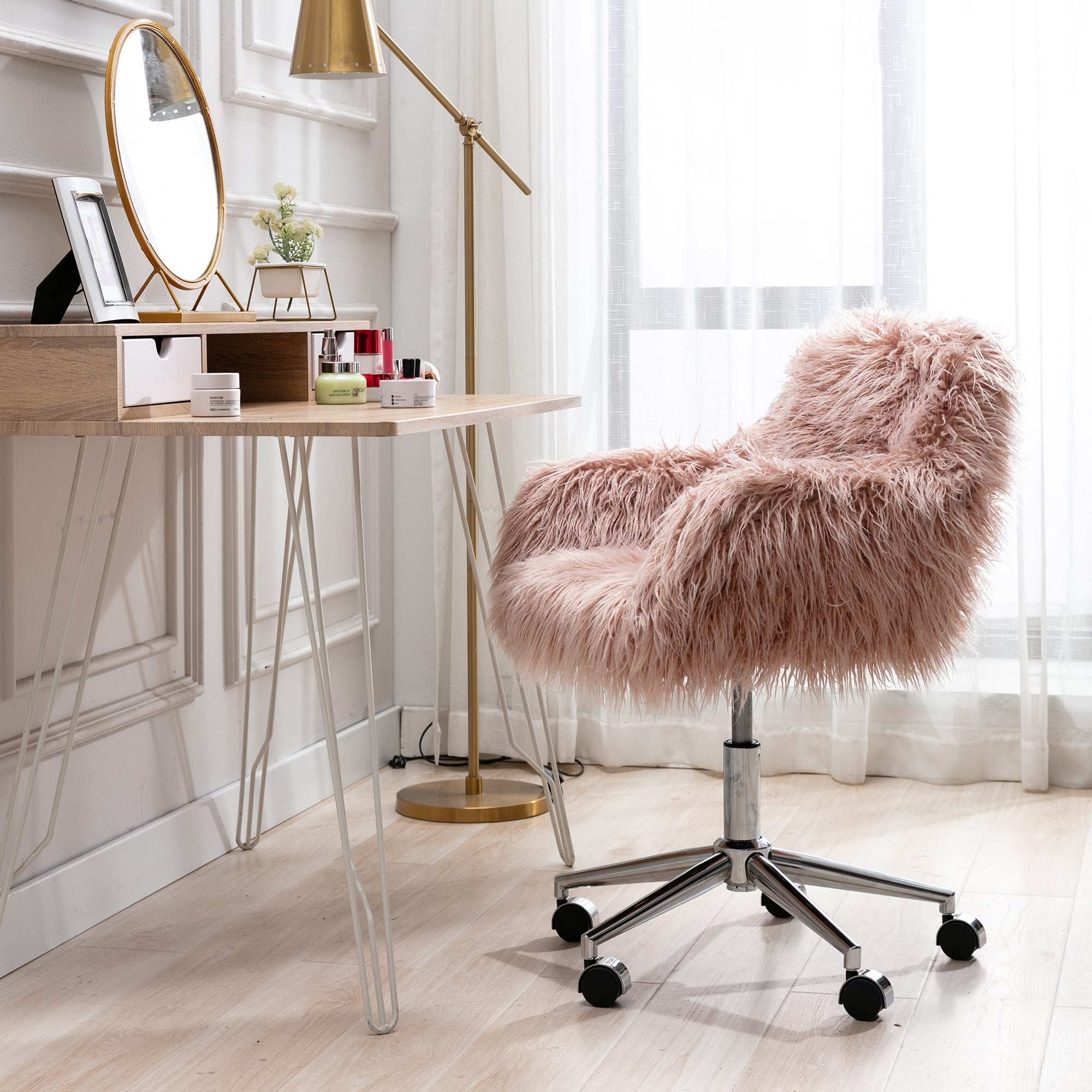 Modern Faux fur home office chair, fluffy chair for girls, makeup vanity Chair